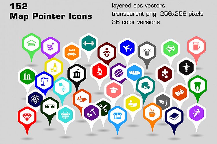 152 map pointer icons - hexagonal shapes