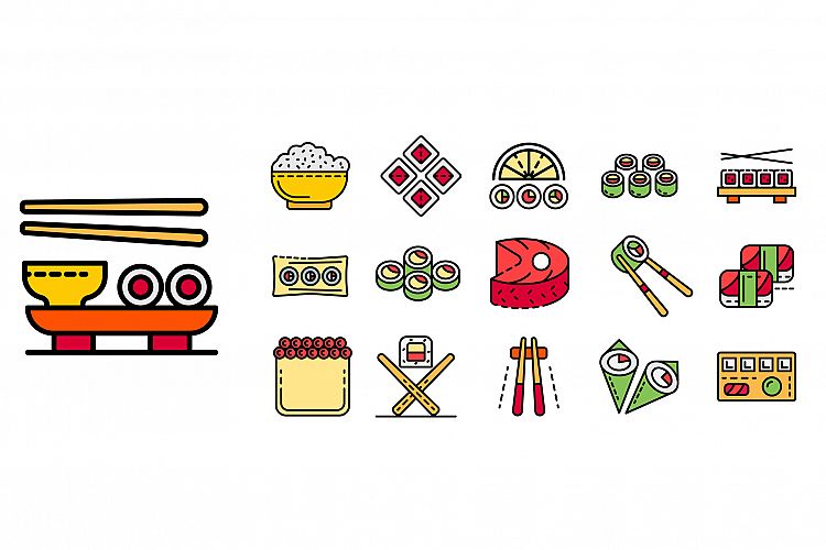 Sushi roll icons set line color vector example image 1