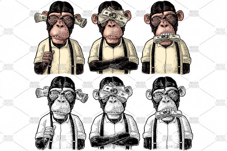 Three wise monkeys with money ears, eyes, mouth engraving
