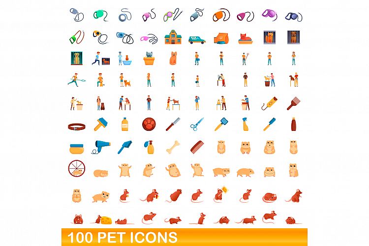 100 pet icons set, cartoon style example image 1
