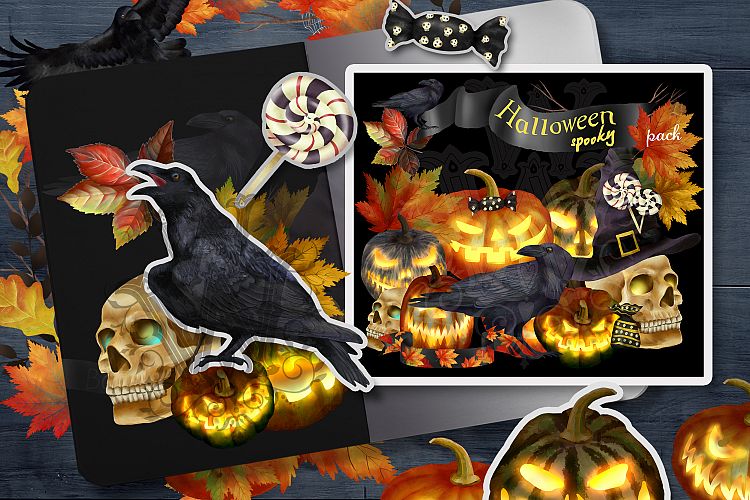 Spooky Halloween clipart with pumpkins, skull and ravens
