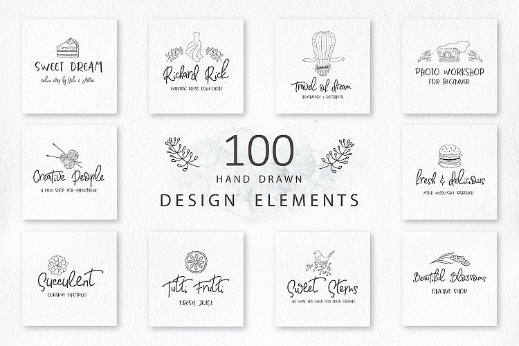 100 Hand drawn design elements. Logos.