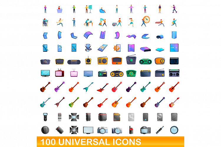 100 universal icons set, cartoon style example image 1