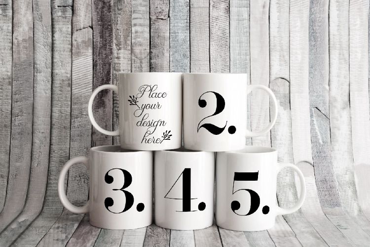 Five white coffee cup mockups 5 mugs rustic smart mockup