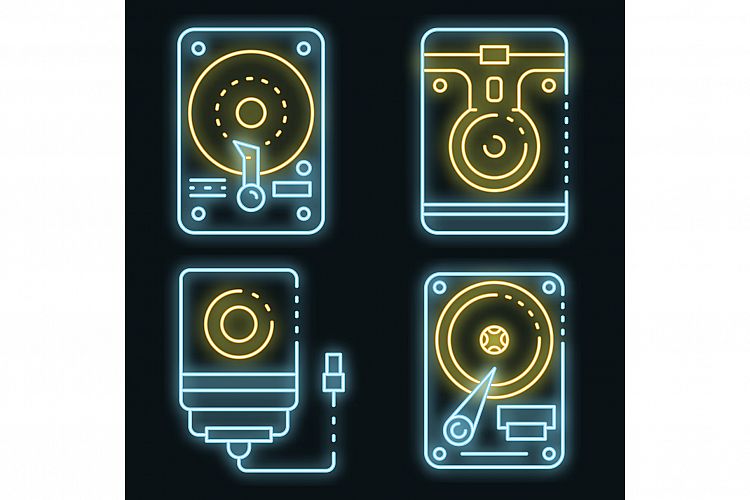 Hard disk icons set vector neon example image 1