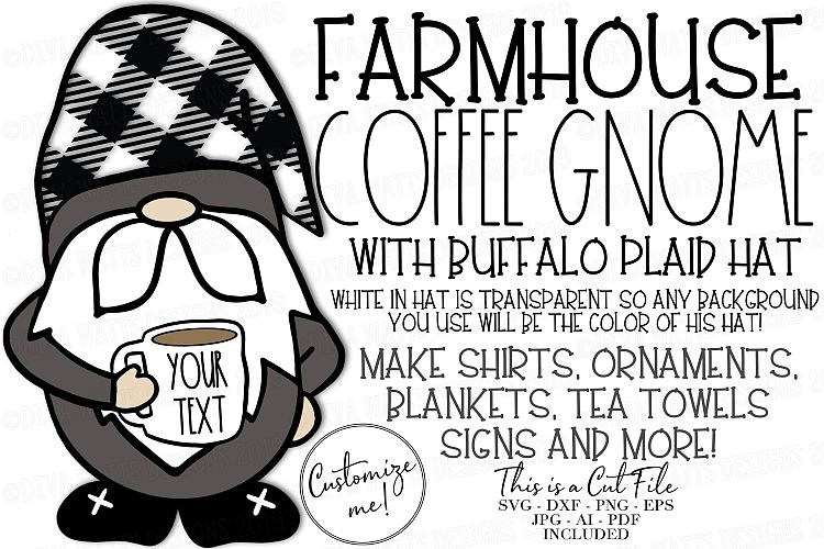 Download Farmhouse Coffee Gnome with Buffalo Check Hat Cut File SVG