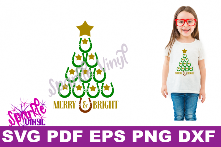SVG Christmas Cowboy Cowgirl Christmas Horseshoe Tree Merry and Bright Stars Shirt Printable Svg files for cricut silhouette dxf png pdf eps