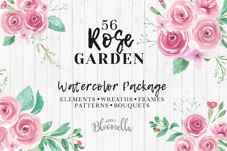 Rose Garden Watercolor Flower Pink Clipart Floral Frames Patterns Package