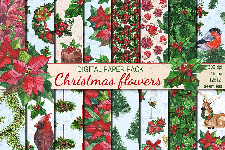 Watercolor Christmas Flowers seamless digital paper pack