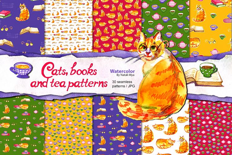 Watercolor cats and books patterns