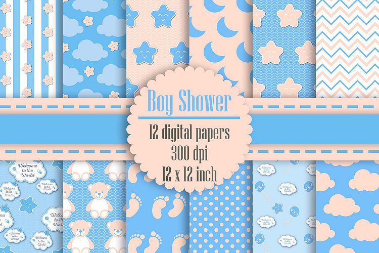 12 Baby Blue and Cream Baby Boy Shower Digital Papers