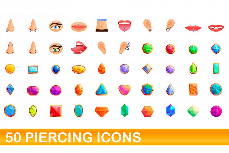 50 piercing icons set, cartoon style