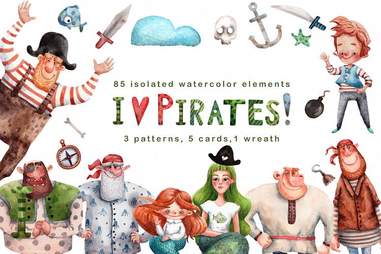 I Love Pirates! - Watercolor Clip Art Set