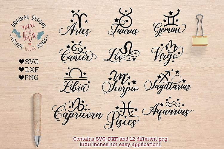 Zodiac Signs Cut Files and Clipart  (SVG, DXF, PNG)
