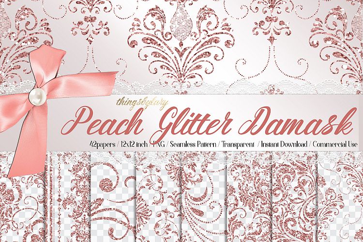 42 Pale Pink Peach Glitter Seamless Damask Ornament Overlays
