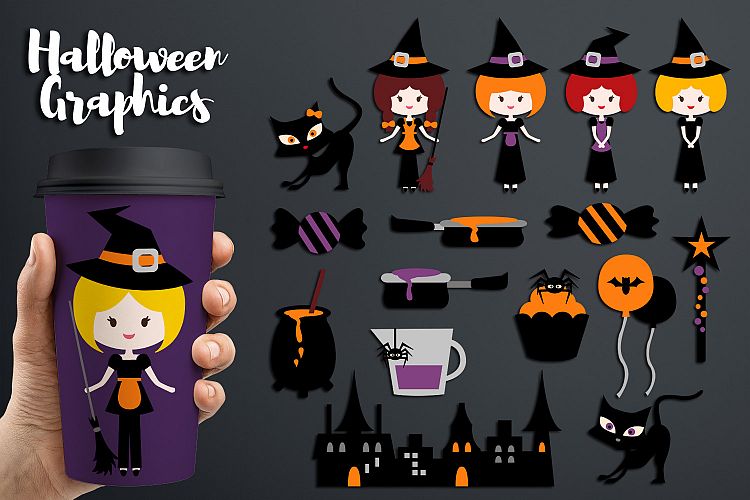 Halloween witch girl kitchen clipart graphics