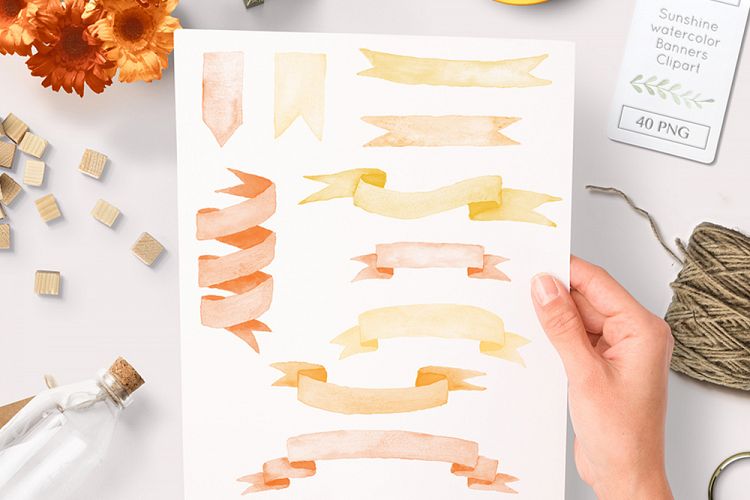 watercolor ribbons and banner clipart sunny orange graphics