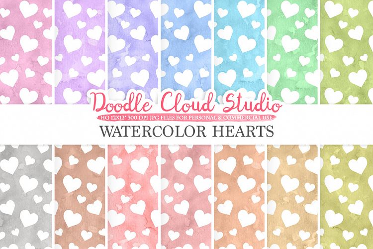 Watercolor Hearts digital paper, Hearts patterns, pastel watercolor background, Instant Download, for Personal & Commercial Use