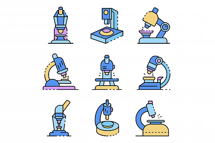 Microscope icons set line color vector