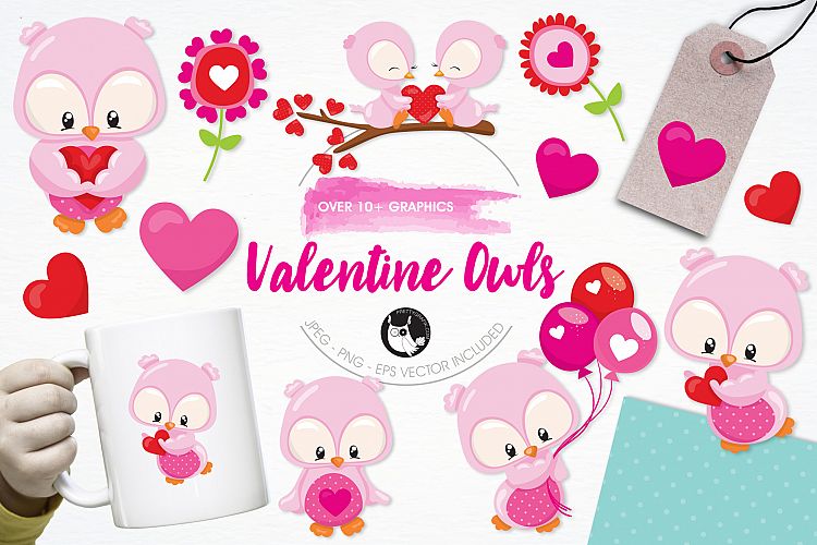 Valentine Owls graphics and illustrations