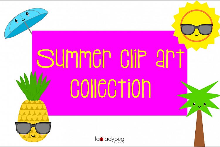 Summer clip art collection. 30 elements. Kawaii style.