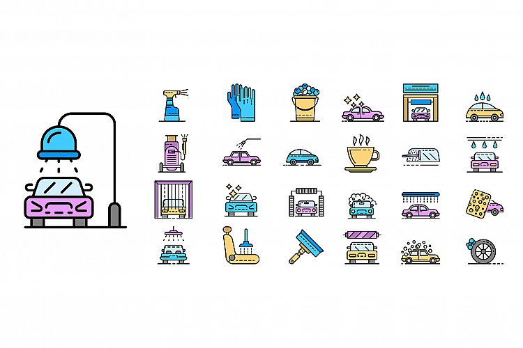 Car wash icons set line color vector example image 1