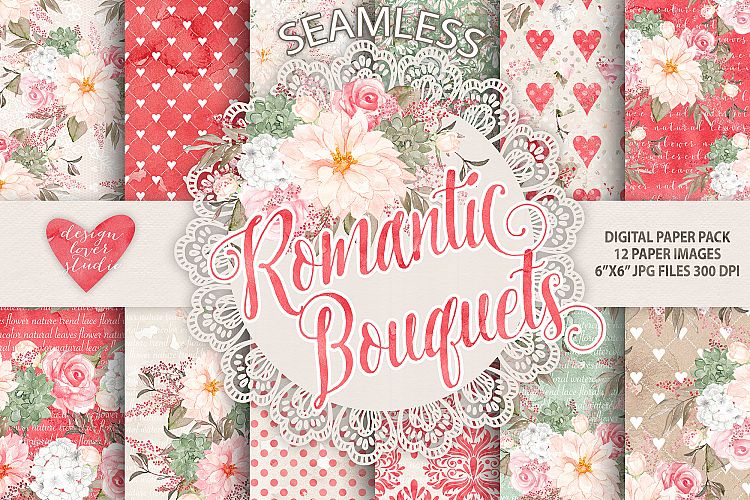 Watercolor chrysanthemum, hydrangea, rose flowers digital paper