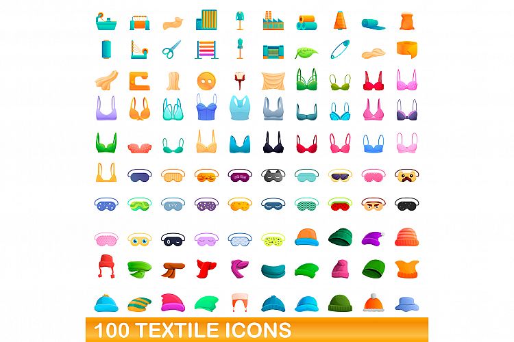 100 textile icons set, cartoon style