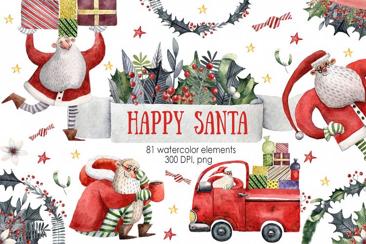 Happy Santa - Watercolor Clip Art Set