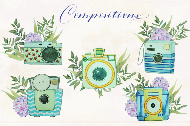 Floral Watercolor Vintage Cameras