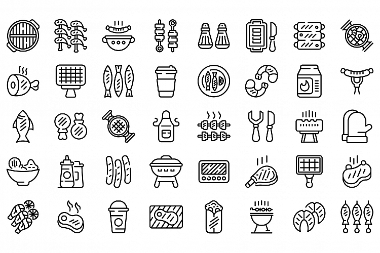 Grilled food icons set, outline style