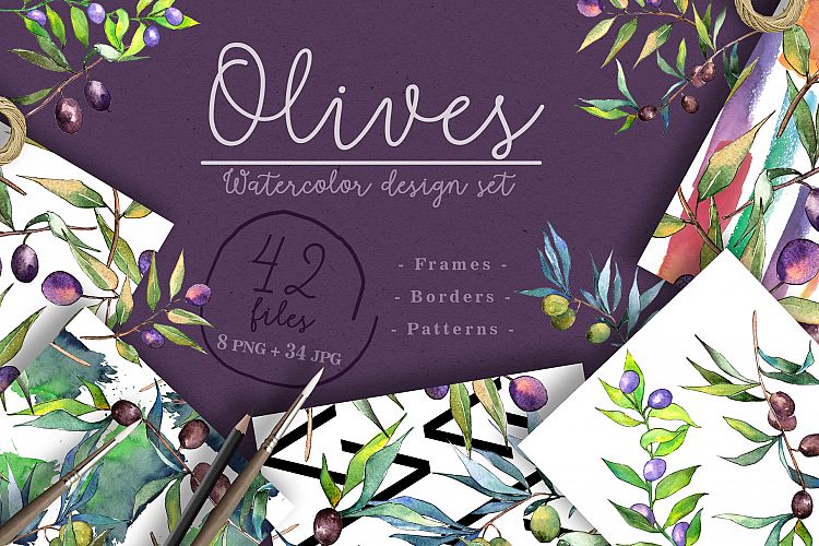 Branches of an olive tree PNG watercolor set