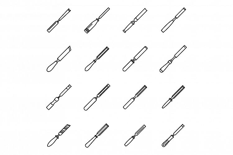 Carpenter chisel icons set, outline style example image 1