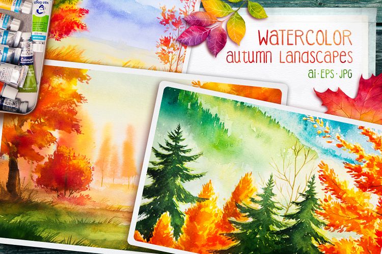Autumn watercolor landscapes