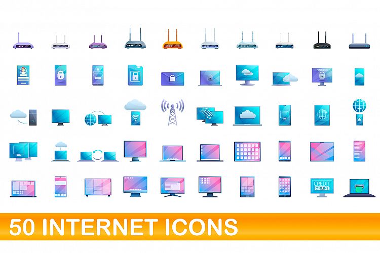 50 Internet icons set, cartoon style