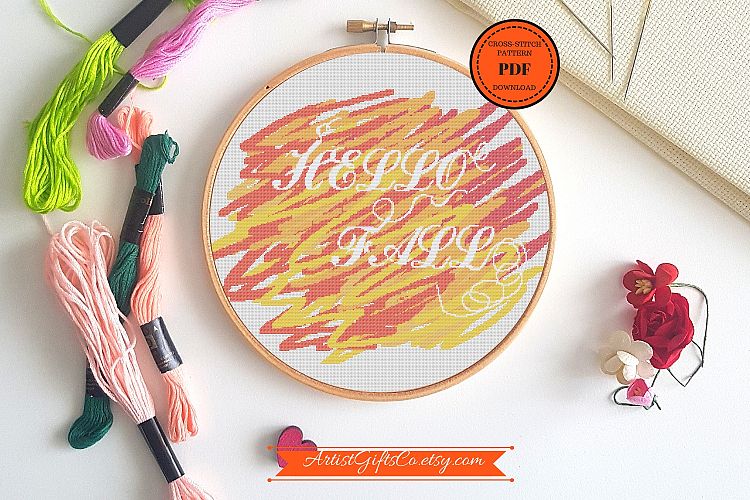 Hello Fall Cross stitch pattern PDF, Autumn stitching