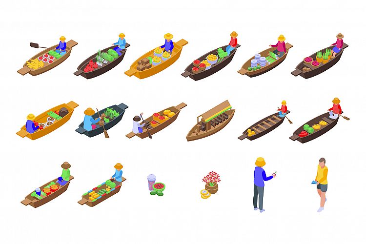 Floating market icons set, isometric style example image 1