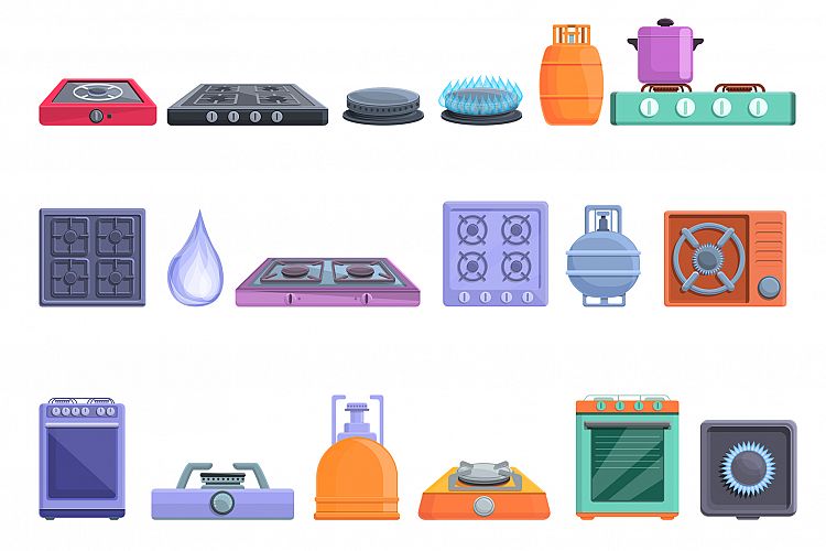 Burning gas stove icons set, cartoon style example image 1