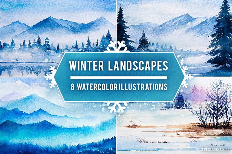 Winter Landscapes set#2. Watercolor.