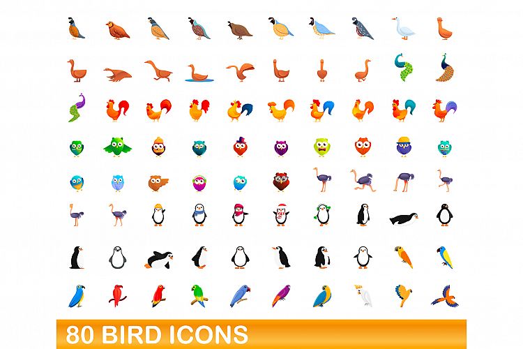 80 bird icons set, cartoon style example image 1