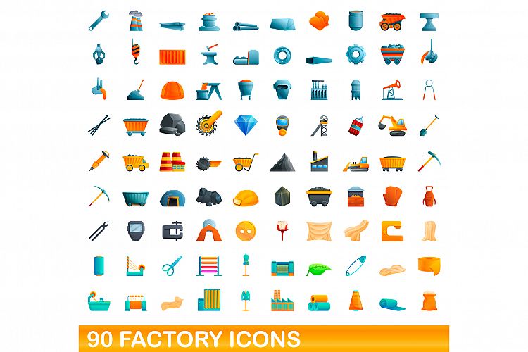 90 factory icons set, cartoon style example image 1