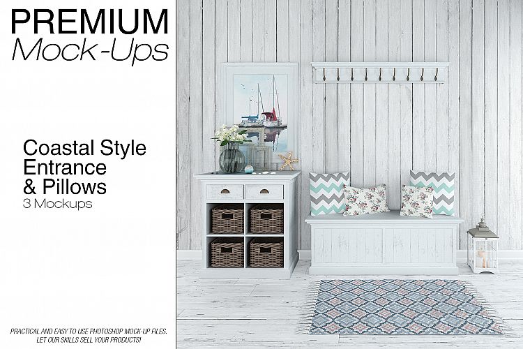 Coastal Style Entrance Hall with Throw Pillows Mockup Set