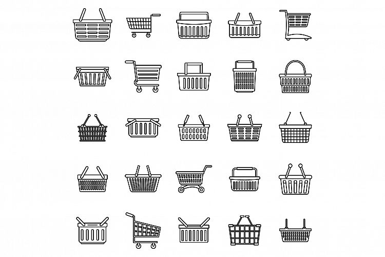 Basket cart supermarket icons set, outline style example image 1