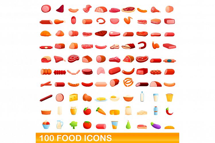 100 food icons set, cartoon style example image 1