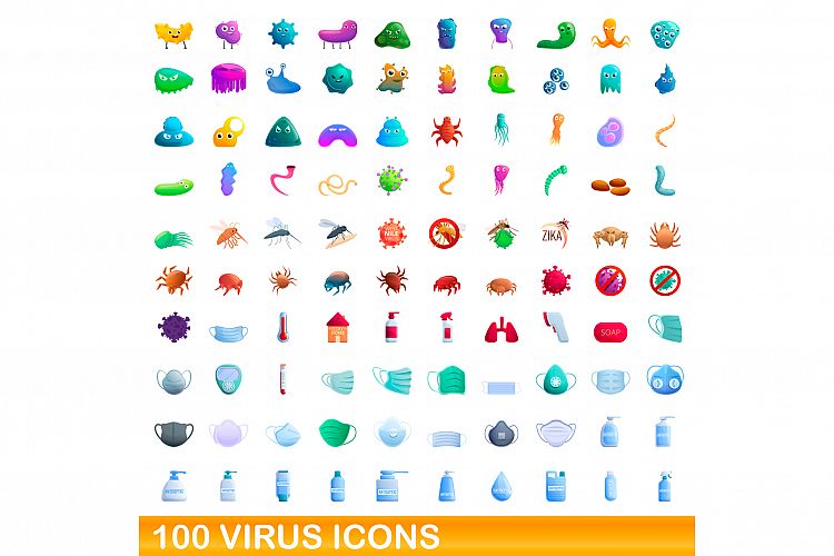 100 virus icons set, cartoon style
