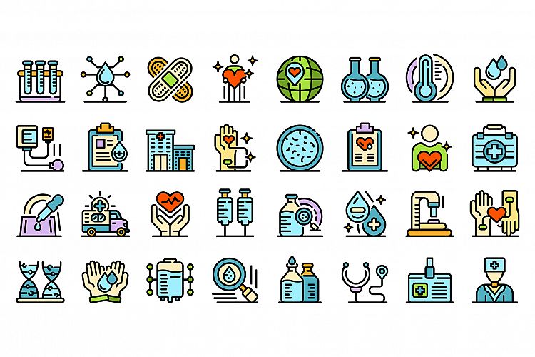 Blood donation icons set line color vector example image 1