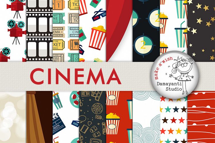 Cinema Digital Paper, Movie Theater scrapbook backgrounds, Film Camera, Popcorn, Director, Oscar Awards Seamless patterns, Planer sticker papers
