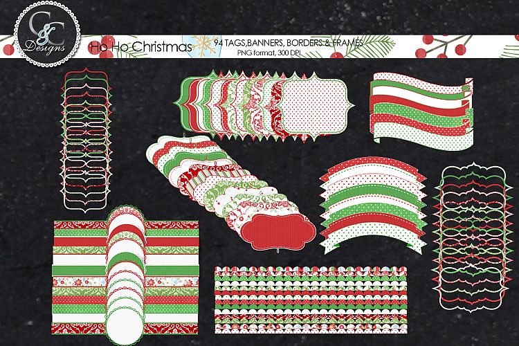 Ho Ho Christmas, 94 Tags, Frames and Banner Clipart/Elements 