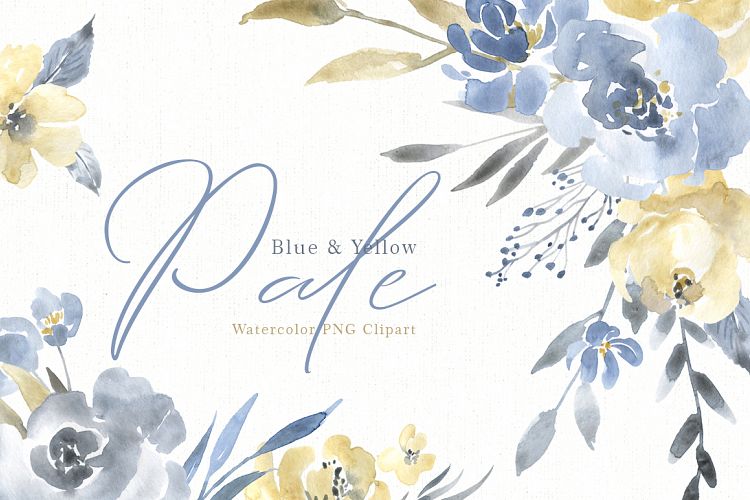 Watercolor Pale Dusty Blue Yellow Grey Flowers PNG