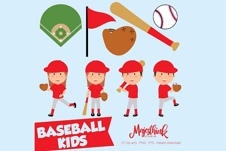 Base Ball Children Clip Art - Sport Clip Art - BASEBALL KIDS - with football sport element, ball, shoes, flag, whistle, flag digital